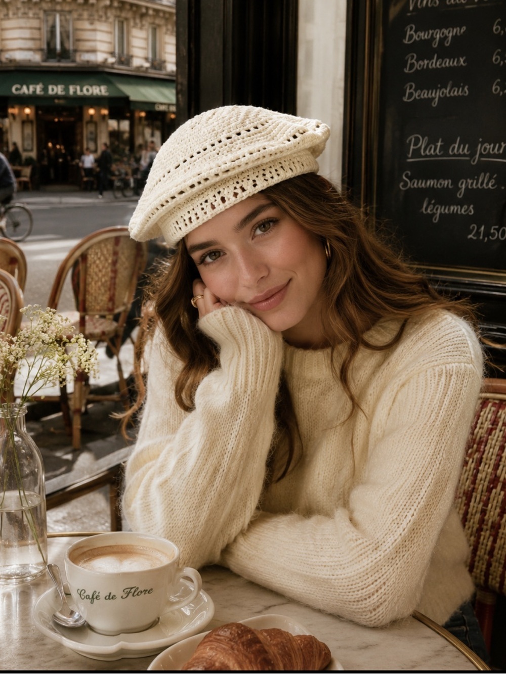 Ganni Cream Crocheted Beret Hat